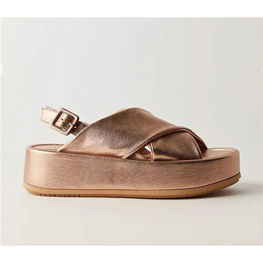 Paloma Barcelo Free People Sima Slingback Sandal Gold Leather Flatform Size 7.5 - Picture 3 of 13